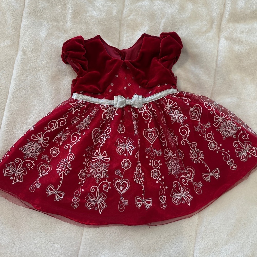 Girls Red Velvet Tulle Holiday‎ Dress Snowflake Bows Special Occasion 12M